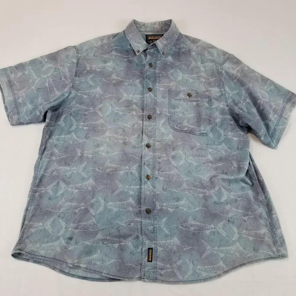 Vintage Woolrich Shirt Mens 2XL Blue Fish Print Button Down Short Sleeve Fishing